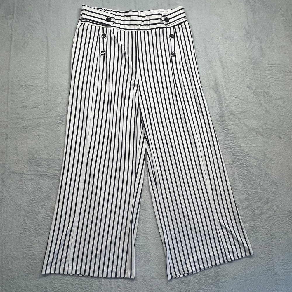 Robert Louis Wide Leg Pants Womens Size M Black White Striped Sailor Button High